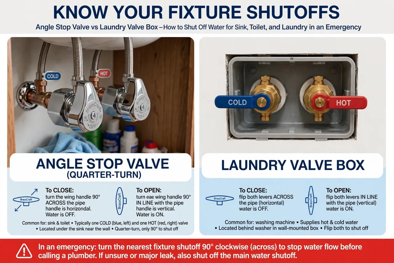 Angle stop valves under a sink and a laundry valve box behind a washer, with how to turn each one off