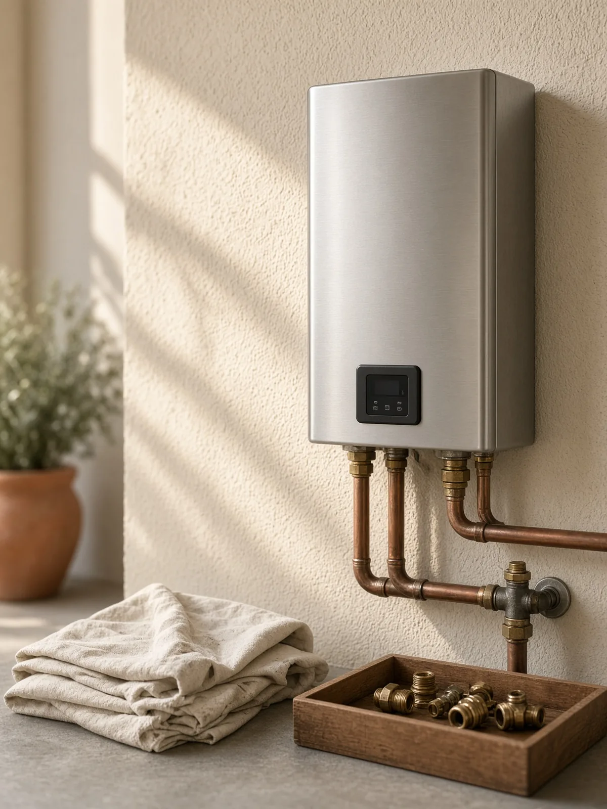 Tankless water heater with copper lines on a sunlit stucco wall
