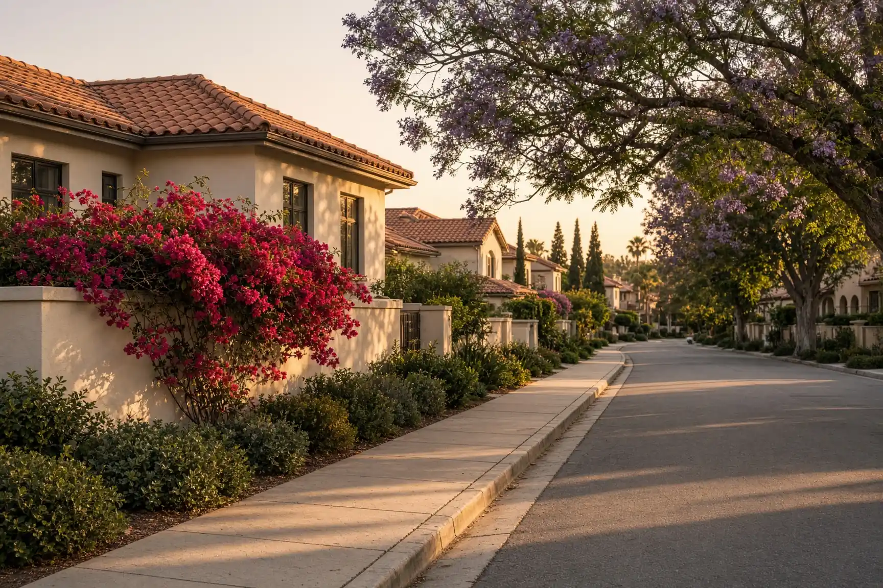 Quiet South Orange County street of stucco homes in late light
