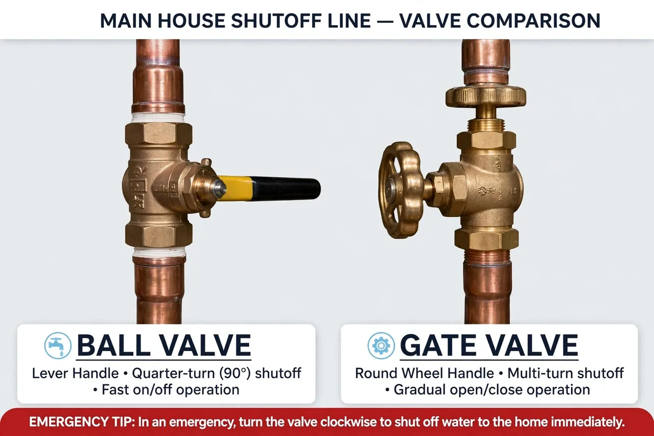 Ball valve with a lever handle next to a gate valve with a round wheel handle on copper pipe