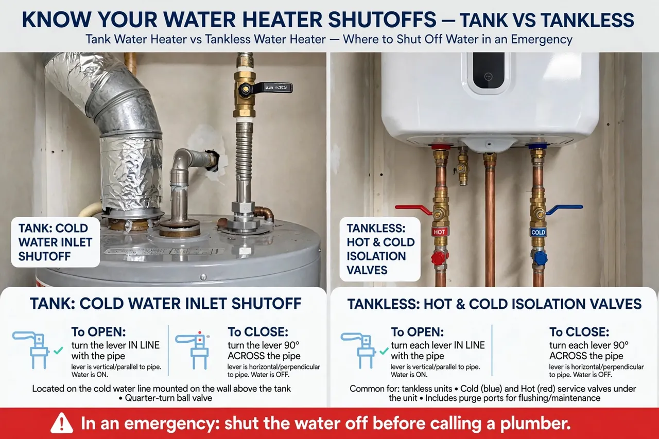 Tank water heater cold inlet shutoff and tankless water heater hot and cold isolation valves, with how to turn each one off